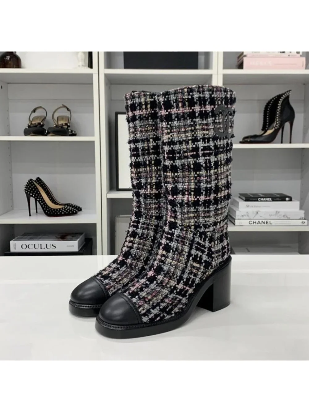 Chanel CC Logo Tweed Long Boots Black Multicolor